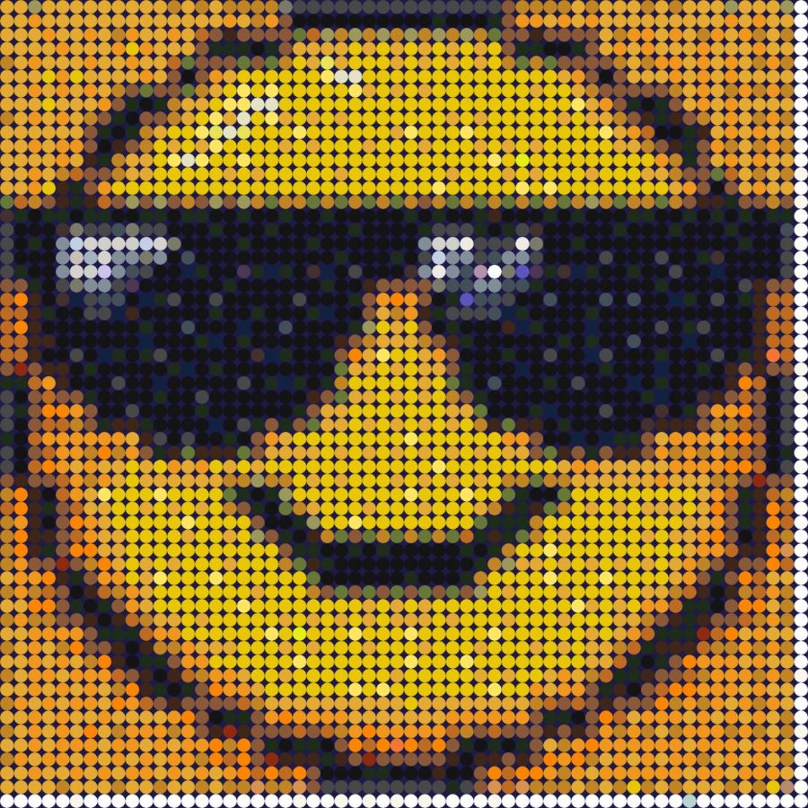 En gul smiley med sorte solbriller – perleplade mønster i orange, sort og gul
