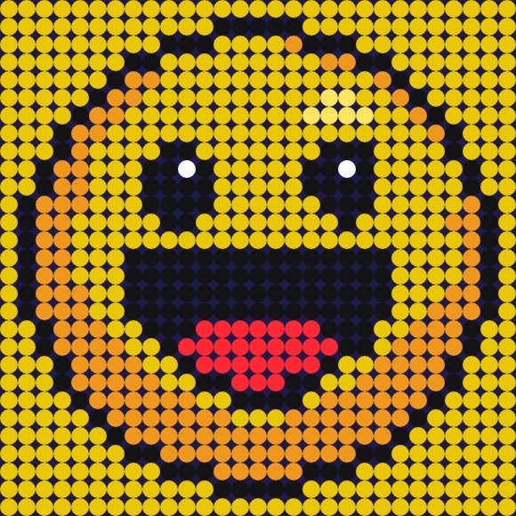 En glad gul smiley der griner med åben mund – perleplade mønster i gul, sort og orange